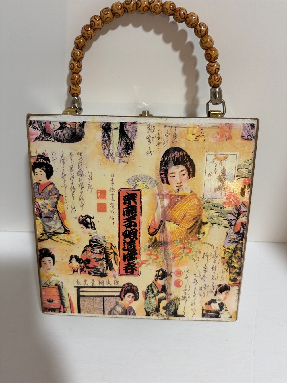 Geisha Print Cigar Box Bag in Cream and Pink